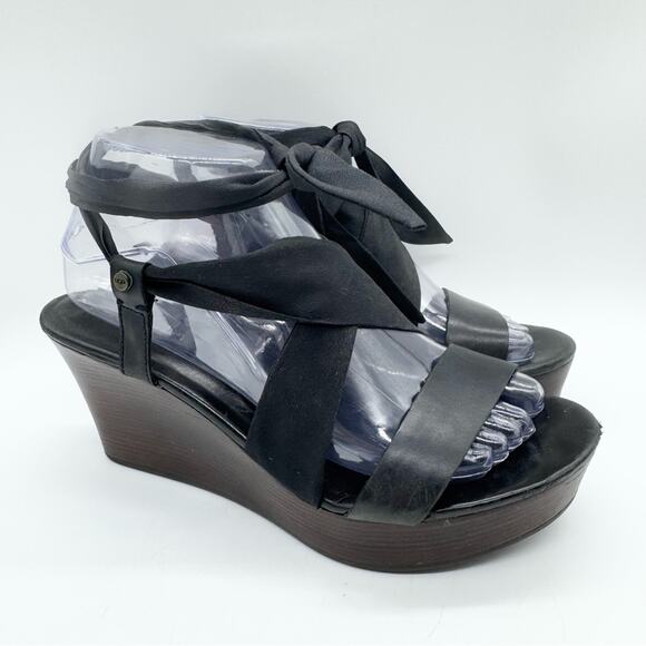 UGG Sedona Black Tie Strap Wedge Heel Sandals Genuine Leather Size 8 Summer Boho - Picture 2 of 16